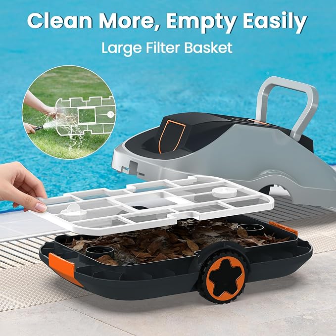 Robotic Pool Cleaner, Cordless Pool Vacuum for Above Ground & Inground Pools, 200mins Runtime Automatic Pool Vacuum Robot for Leaves & Dirt, Powerful Suction up to 2500 sq.ft, Self Parking-Orange