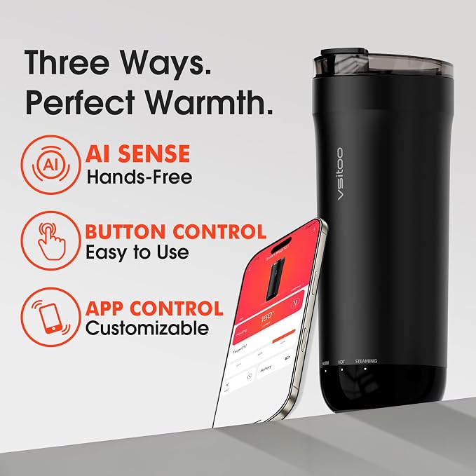 Vsitoo S5 Self Heating Travel Mug 16oz, Rechargeable Coffee Mug with Car Charger Kit, AI Auto-Sensing Temp Control Heated Cup for Home Office Car, App Control, Gift Women Men - Black