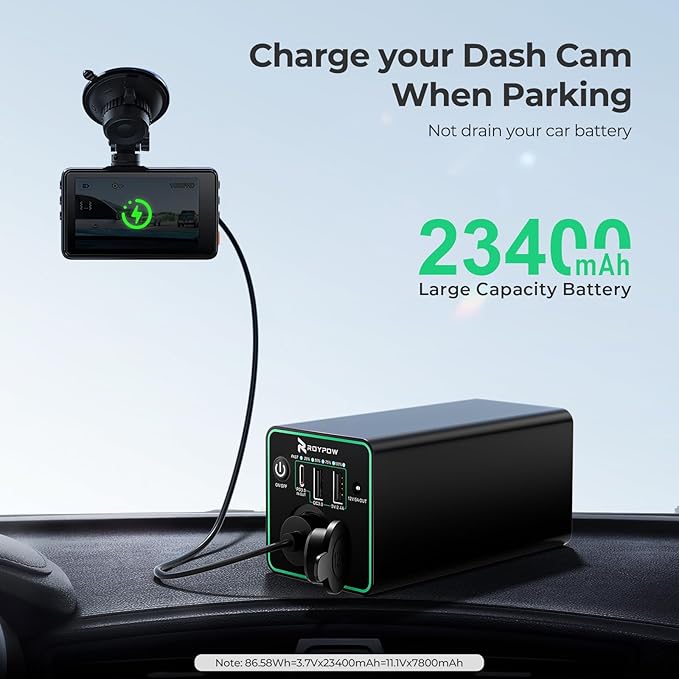 RoyPow 30W PD Portable Charger with 12V 10A Constant Voltage Cigarette Lighter Socket, 86.58Wh USB C Laptop Power Bank, 18W QC & 12V DC Battery Pack, Perfect for Dash Cam or Camping(Upgraded Version)