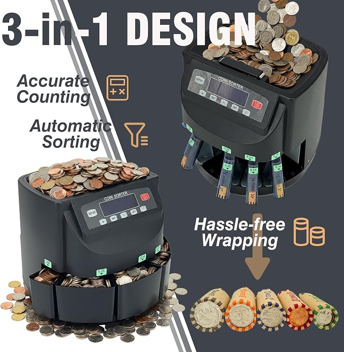 USD Coin Counter Machine with LCD Display,Coin Sorter and Wrapper Machine,Sorts 1￠5￠10￠25￠$1 up to 300 Coins/min,2000-coin Capacity,Business Grade,5 Bins&5 Tubes,Automatic Wrapper (Black)