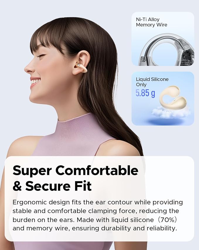SoundPEATS PearlClip Pro Open Ear Clip Earbuds, Fast Charge (10Mins/2Hrs), IPX5 Sweatproof, Stable Bluetooth 6.0, Secure Fit, Rich Sound, 24H Play - Beige