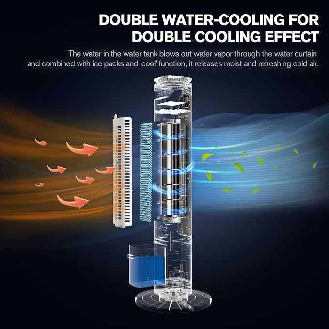 Windowless Portable Air Conditioners, 37’’ Cooling Tower Fan, Evaporative Air Cooler w/Remote, 2.5L Water Tank & Ice Packs, 12H Auto-off, 70° Oscillating, Ultra-Quiet Standing Fan For HomeOffice