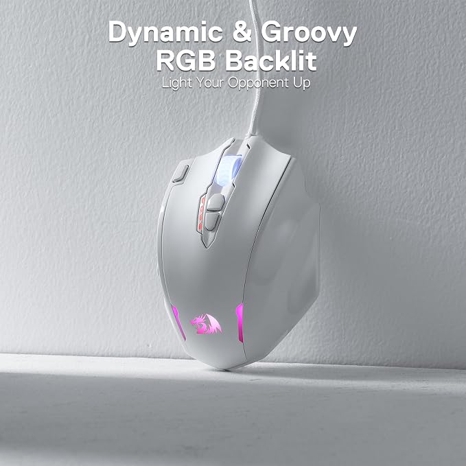Redragon M908 Impact RGB LED MMO Gaming Mouse with 12 Side Buttons, Optical Wired Ergonomic Mouse with Max 12,400DPI, High Precision, 18 Programmable Macro Shortcuts, Comfort Grip, White