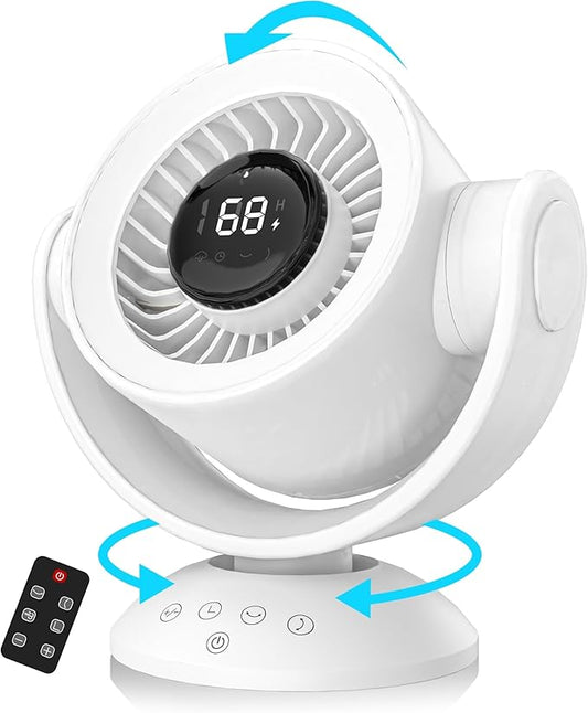 Desk Fans for Bedroom,Air Circulator Fan，90°Vertical +120°Auto Oscillating, 100 Speeds, 10H Timer, Quiet Fan, Digital Display Rechargeable USB, with Remote,for Home, Office（white）