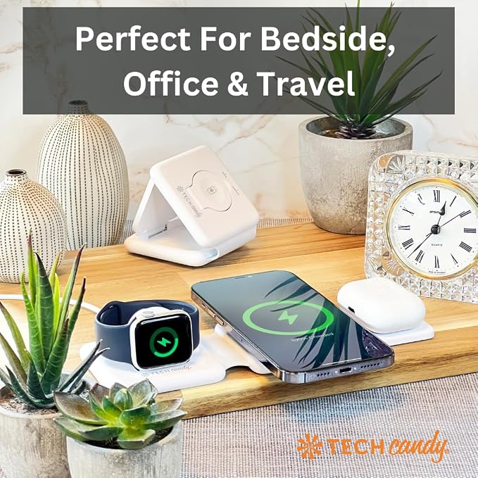 Tech Candy The Three Way Charging Valet Wireless Charging Pad - Charge 3 Devices at Once, Compact, Qi Charger for Travel, Foldable, 20W, Fast, for Phones, Ear Buds, Smart Watches