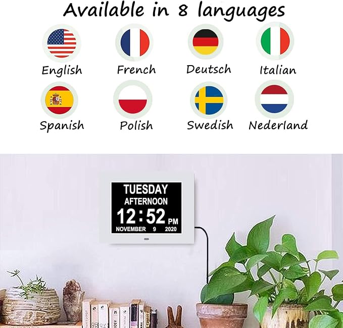 Digital Clock Large Display for Seniors 8 Alarm Non-Abbreviated Day Date Calendar Clock with AM PM Auto-Brightness, Dementia Clock for Senior Elderly Vision Impaired Memory Loss Alzheimers(7 inch)