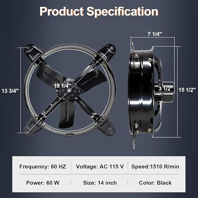 Hiorucet 14 Inch Wall Mounted Attic Gable Vent Fan with Adjustable Temperature Thermostat Control, 60HZ, 115V, 1510R/min, 60W, Gable Mount Vent Attic Fan with Pure Copper Motor, High Speed Low Noise