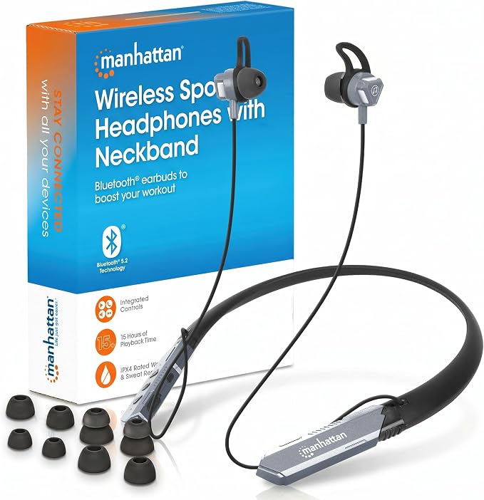 MANHATTAN Bluetooth Wireless Neckband Headphones — Work Earbud Earphones with 15H Playtime, Noise-Isolating, IPX4 Water Resistant, Built-in Mic – for Work, Music, Calls (Black/Space Gray)