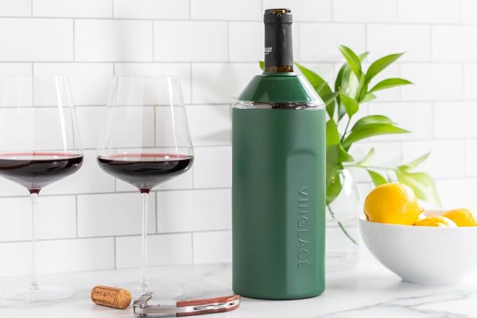 Vinglacé Wine Bottle Chiller- Portable Champagne Insulator- Stainless Steel Wine Cooler Sleeve - Keeps Wine Cold (Evergreen)