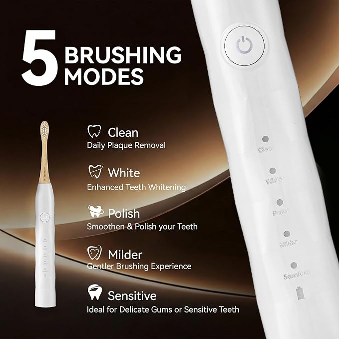 Electric Toothbrush with 4 Bamboo Heads, Bamboo Electric Toothbrush for Adults, Soft Castor Oil Bristles, 5 Modes, Smart Timer, Sonic Technology, IPX7 Waterproof, 60-Day Battery Life-White