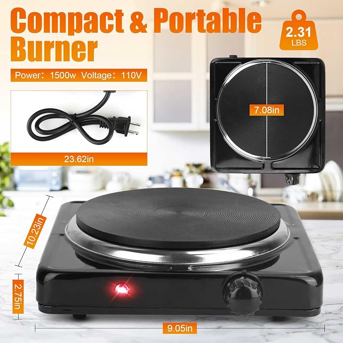 Portable Hot Plate, 1500W Cast Iron Single Countertop Burner, Electric Stove with 5 Levels Adjustable Temperature, Cooktop for Home RV Camping, Easy to Clean, Black