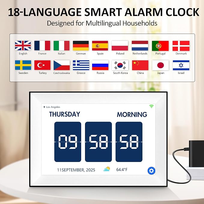 WiFi 10.1 Inch Digital Alarm Clock for Seniors, Large Display with Day/Date Smart Touchscreen Electronic Calendar 64 Alarms 64 Reminders Dementia Alarm Clock for Elderly（White）