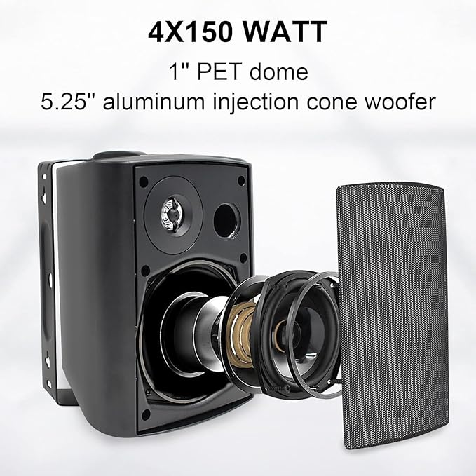 STUDIOFINIX 5.25 Inches 600 Watts Indoor Outdoor Bluetooth Speakers All Weather Wired Wall Mount System for Patio Deck (4 Speakers)