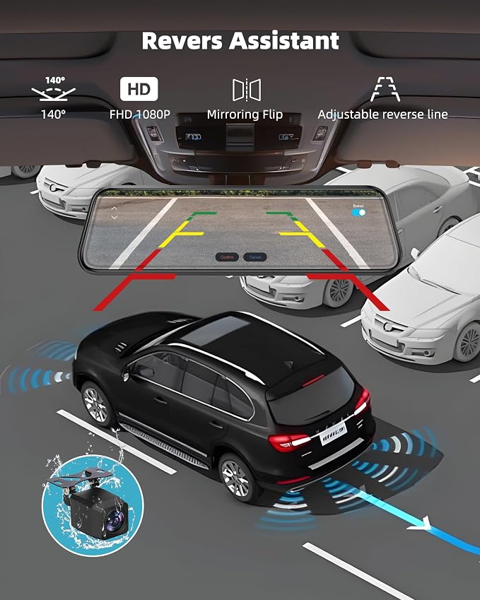 2.5K Mirror Dash Cam with Carplay&Android Auto,10" Rear View Mirror Camera for Cars/Trucks with Voice Control/ 64GB Card/Touch Screen/Parking Monitor/Reverse Assist/Dual Loop Record/WDR Tech