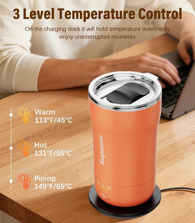 Supsonic - 14oz Heated Coffee Mug, Self-Heating Travel Mug with 3-Temp Settings, Insulated Stainless Steel Constant Temperature Heating Mug for Beverage, Smart Heating Portable Coffee Mug | S1