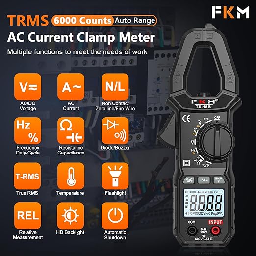 FKM Clamp Meter,TRMS 6000 Counts 600 Amp Digital Clamp Multimeter Voltage Tester,Auto-ranging Volt Meter,for AC/DC Voltage,AC Current,NCV,Capacitance,Resistance,Continuity,Hz/Duty Cycle,Diode,TempTest