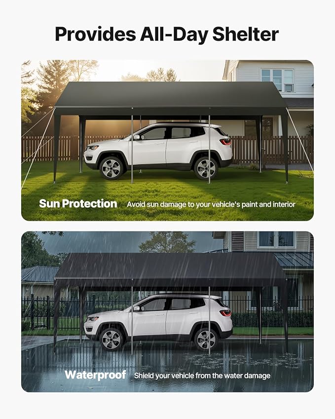 VEVOR Carport, 10 x 20 FT Outdoor Car Canopy, Potable Carport, Heavy Duty Galvanized Car Shelter, UV-Resistant & Water-Resistant, All-Season Protection, Storage Shed for Car Boat Motorcycle Grey