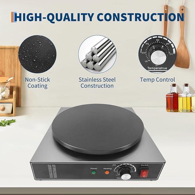 16 Inch Commercial Crepe Maker, Non-Stick Electric Crepe Machine with Precise Temp Control and Indicator Lights for Home and Restaurant,1750 w,110 v