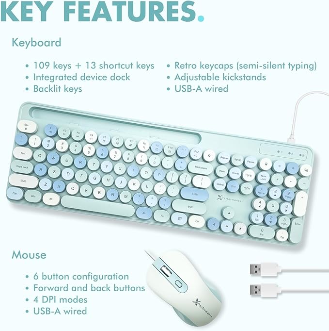 X9 Wired Keyboard and Mouse Combo with Backlight - Retro Typewriter Round Keycaps, Phone/Tablet Dock, 109 Fullsize Keys, Cute Colorful Blue Keyboard, Pastel Keyboard for Laptop, PC and Chromebook