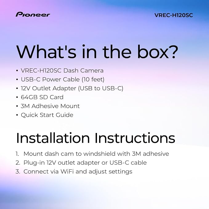 Pioneer VREC-H120SC Compact Dash Camera – Discreet 1.5K Resolution Front Dash Cam for Cars with Impact Detection, 120 Degree Wide Angle Coverage, Built-in WiFi, Companion App, USB-C Easy Install