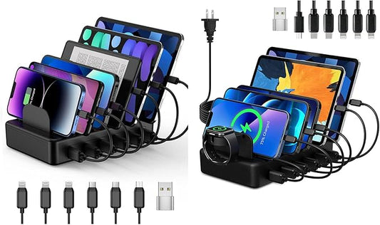 CREATIVE DESIGN Black 6 IN 1 Versatile Charging Station with Watch Holder for iPhone 5 and Newer, Multiple Device Charging, Portable Design