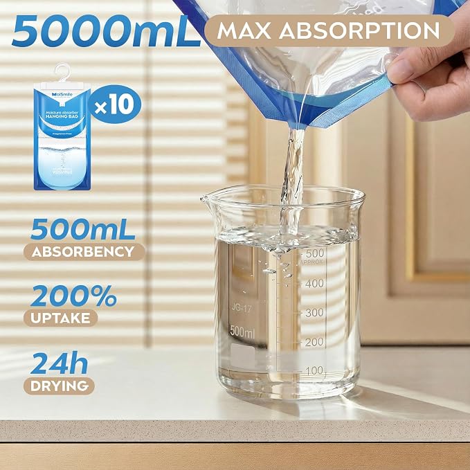Moisture Absorbers 20 Pack Fragrance Free, Hanging Closet Dehumidifier Bags, Humidity Absorber, Compact Eliminates Odors for Car, Bathroom, Bedroom, Basement, 9.8OZ