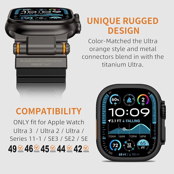 FOAMUNOC Rugged Band Compatible with Apple Watch Ultra 3/2/1 Band 49mm/46mm/45mm/44mm/42mm, Metal Connector with Strap for iWatch Ultra Series 11/10/9/8/7/6/SE3/SE2/SE/5/4/3/2/1, Space Gray Black
