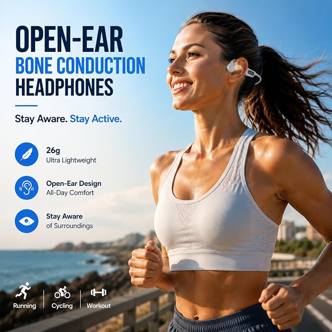 Bone Conduction Headphones, Open Ear Bluetooth 6.0 Wireless Earphones, IPX6 Sweatproof 26g Sports Headphones for Running Cycling Gym Hiking, 8H Playtime (White)