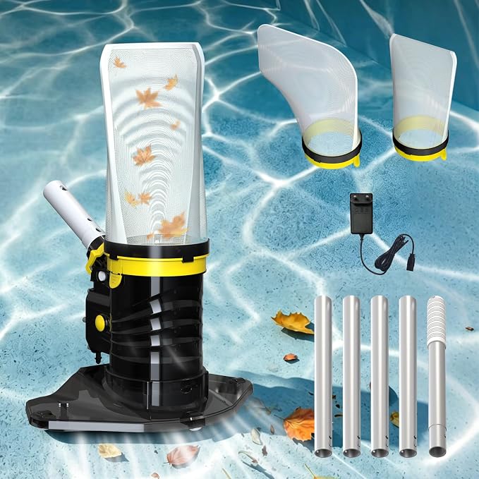 83GPM Big Rechargeable Pool Leaf Vacuum with 5-Section Pole, Cordless Pool Skimmer for Above-Ground & In-Ground Pools, Includes Standard & Fine Filter Bags for Leaves & Debris