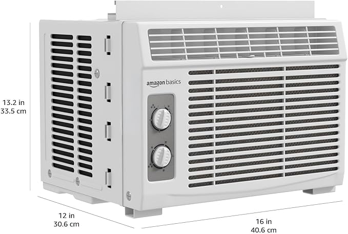 Amazon Basics 5000-BTU Window Air Conditioner with Quiet Operation, Up to 150 Sqf, Cool and Fan Functions, Washable Filter, Adjustable Window Kit, Intuitive Mechanical Controls, for Small Room, White