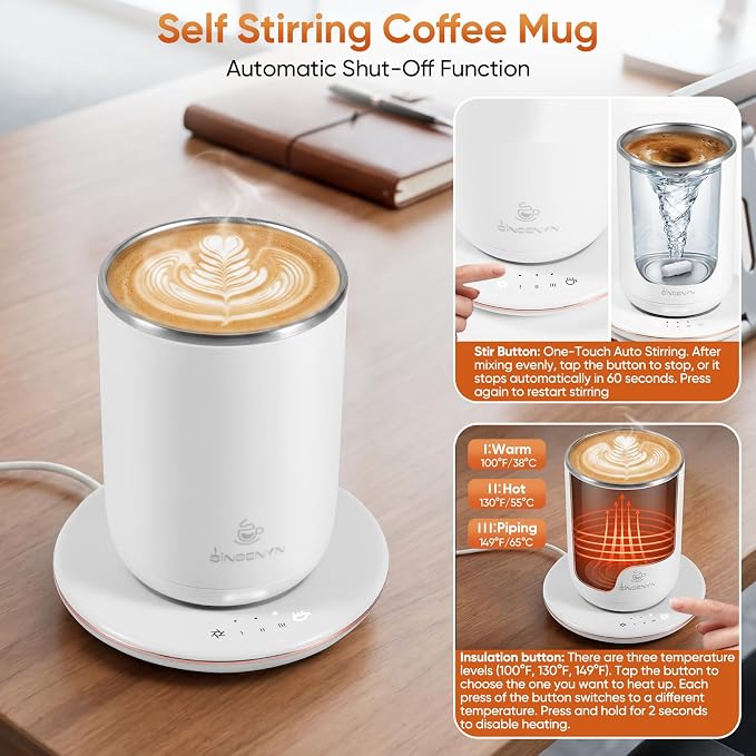 Self Stirring Coffee Mug, Self Heating Coffee Mug, Heated Cup with 3-Level Smart Temperature Control, Auto Shut-Off Electric Coffee Cup Warmer with Detachable Base, Gift for Family Friends (White)