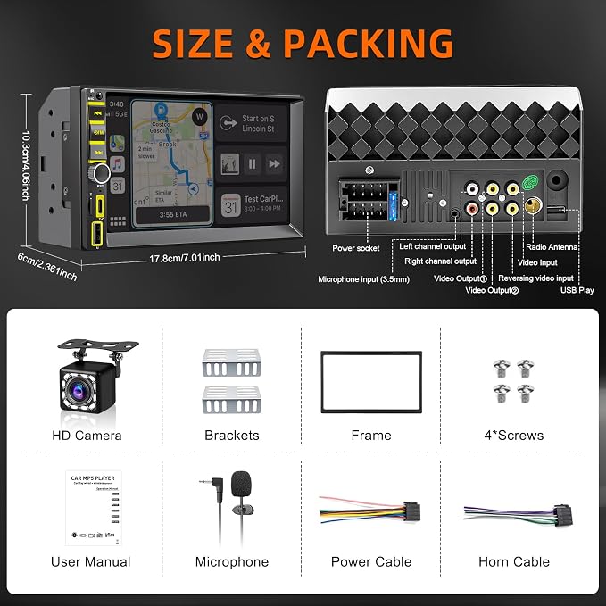 7" Wireless Double Din Car Stereo Carplay Radio Screen for Car Audio Receivers, Car Stereo with Backup Camera, Car Play Android Auto Touchscreen, Mirror Link, Bluetooth, AM/FM, Type-C