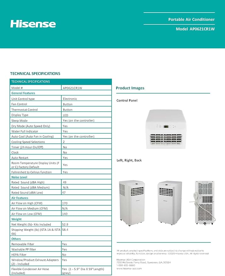 Hisense Portable Air Conditioner 6,000 BTU Cooling Dehumidifier Fan for Smaller Room up to 250 sq ft, Remote Control, White (Renewed)