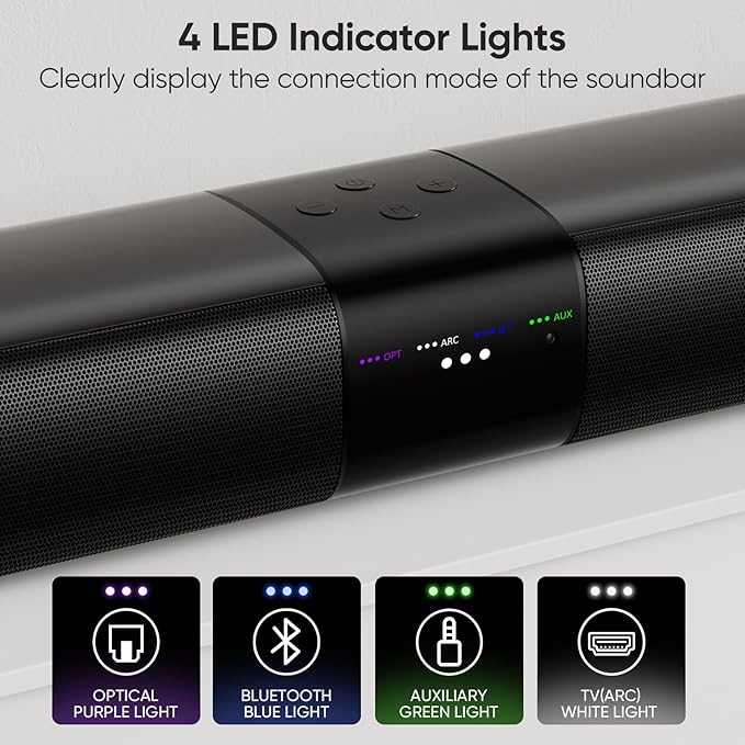 Sound Bar for Smart TV, 80W Surround Sound System, 2-in-1 Detachable Design, 2.0 Channel Soundbar, 4 Woofers & Dual Horn Tweeters, Bluetooth5.3 ARC AUX Optical Home Theater Speaker