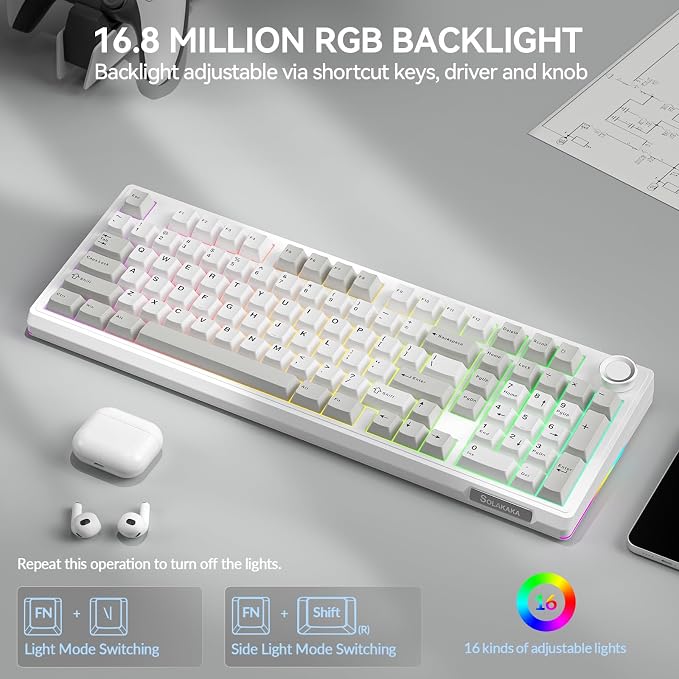 SOLAKAKA KI99 Pro 96% Wireless Mechanical Keyboard, RGB Gaming Keyboard, Hot-Swappable Pre-Lubed Switches, Gasket Structure Creamy Keyboards (Graywhite, Silent Switch)