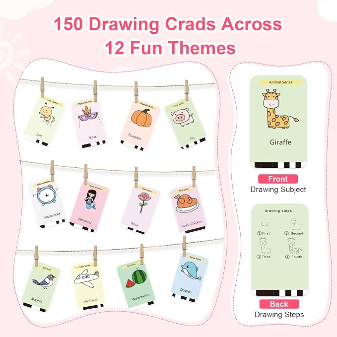 Drawing Robot for Kids Toy, Gifts for 3 4 5 6 7 8 9 Year Old Boys & Girls | Robot Drawing Machine, Electric Music Painting Learning Toys, Birthday Christmas Gifts, 150 PCS Cards, 12 Color Pens, Pink
