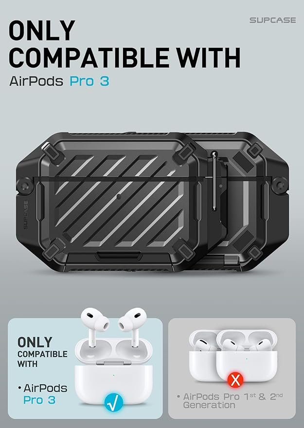 SUPCASE for AirPods Pro 3 Case with Lock & Carabiner, IP68 Waterproof, Compatible with MagSafe, Military-Grade Protection Anti-Scratch Hard Shell Cover for AirPods Pro 3rd Generation 2025, Black