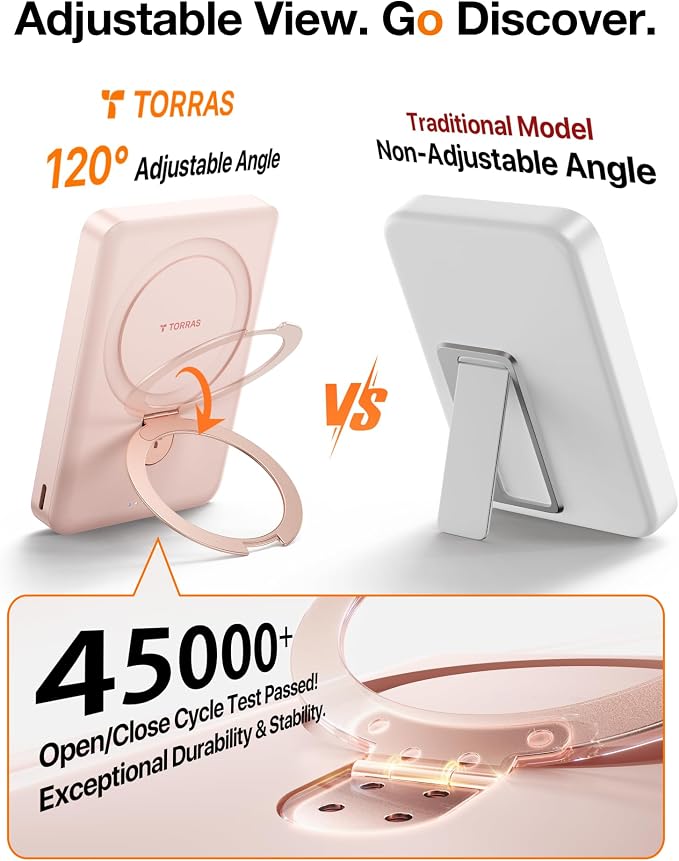 TORRAS EasyGo 10000mAh Magnetic Portable Charger Power Bank for iPhone, Fast Charging Travel Essential Wireless Battery Pack with Stand Compatible with Magsafe,17 Pro Max,Pro,16,15,14,13,12, Rose Gold