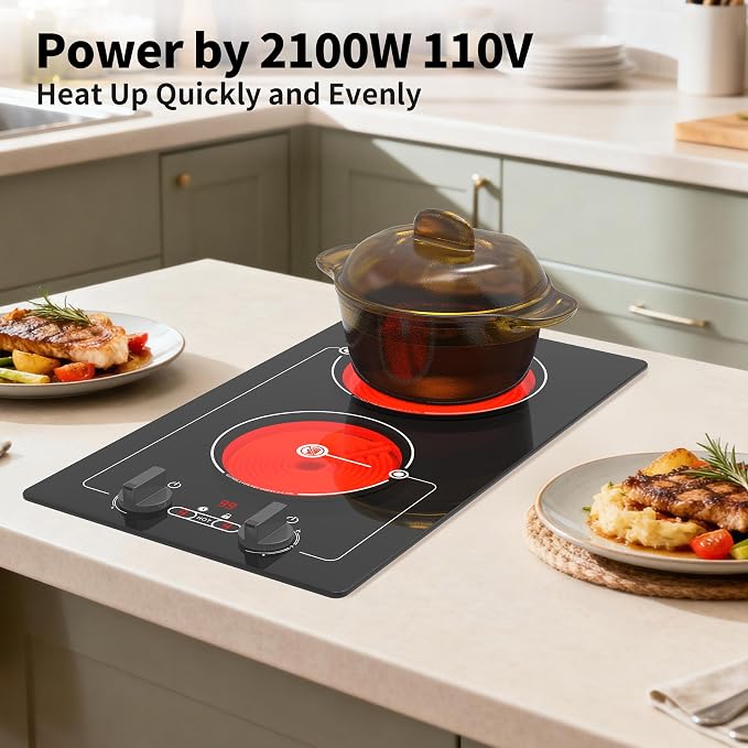 VBGK electric hob,Built-in Design and Countertop Stove Top with Knob Control&Touch Control,9 Power Level, Timer & Kid Safety Lock,220V 2100W 2 burner electric hob