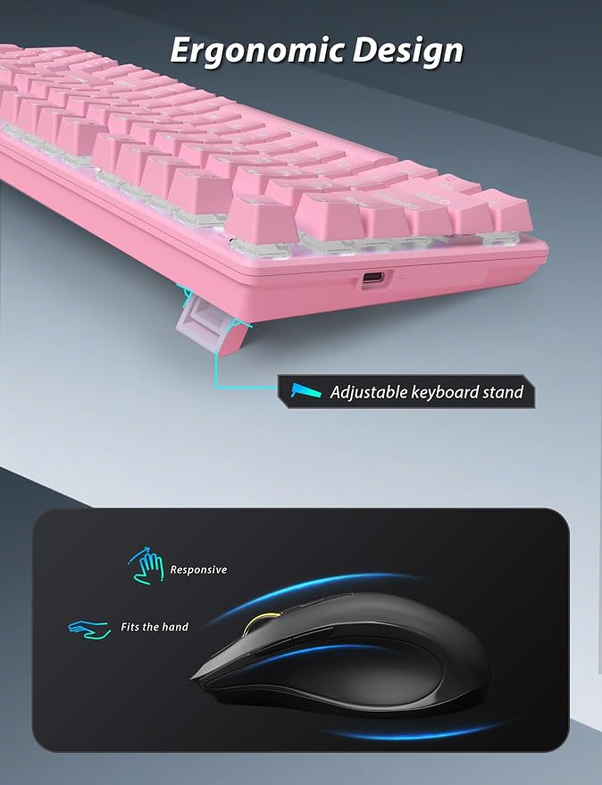Wireless Mechanical Gaming Keyboard and Mouse Combo, 98 Keys RGB Backlit Rechargeable 2000mAh Battery, 3-Mode BT5.0/2.4G/USB-C (Pink)