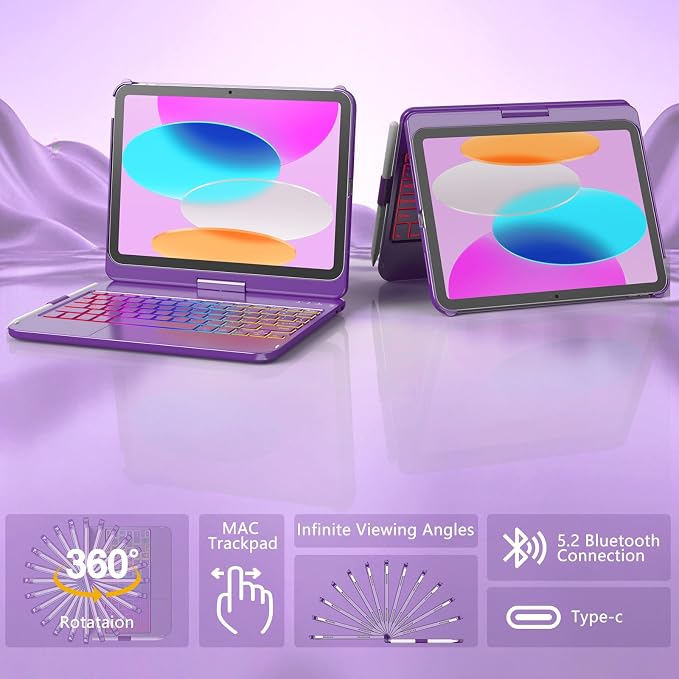 HOTLIFE for iPad A16 11th Generation/10th Generation Case with Keyboard,Touch Keyboard for iPad 11" /10th Gen 10.9 inch 2022-10 Color Backlight, 360° Rotatable Protective Cover (Purple)