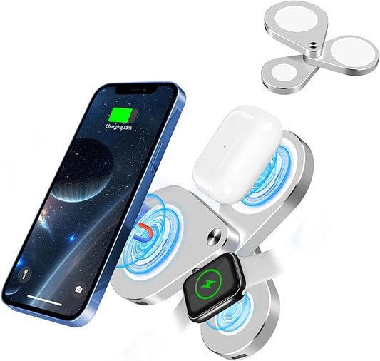 3 in 1 Detachable Magnetic Wireless Charger, 15W Fast Wireless Charging Station for iPhone 13/12, Foldable Wireless Charger Stand Compatible with iWatch SE/6/5/4/3/2 and Airpods Pro/2(Sliver)