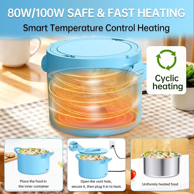 Electric Lunch Box Food Warmer, 34-Ounce Leakproof Portable Heated Lunch Container for Car, Truck, Office,Camping, 100W 12V/24V/110V/220V Bento Box Heater Gift For Women Men (Light Blue)