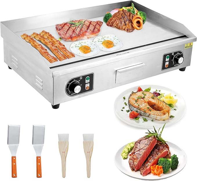 Takywep 14 inch Commercial Electric Griddle, 1500W Countertop Griddle, Non-Stick Restaurant 110V Teppanyaki Flat Top Grill Stainless Steel Adjustable Temperature Control 122°F-572°F (with PLUG)