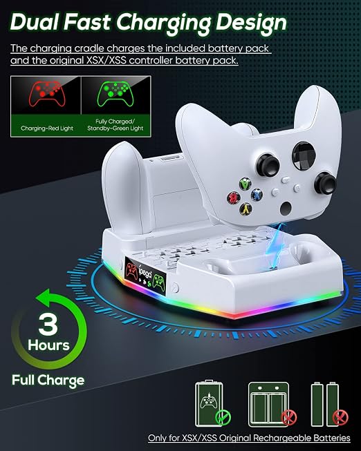 Cooling Stand & Charging Station for Xbox Series S with RGB Light Strip,Dual Controller Charger & Cooler Fan for XSS Console Accessories with 2*1400mAH Rechargeable Battery Pack,1*Headphone Hook,White