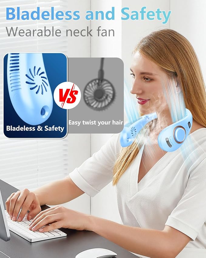 Neck Fans with Water Spray Misting,Portable Neck Fans that Blow Cold Air Rechargeable with LED Display, Adjustable 5 Speeds Powerful Soundless Compact Cooling Neck Hanging Fan for Travel Airplane Blue