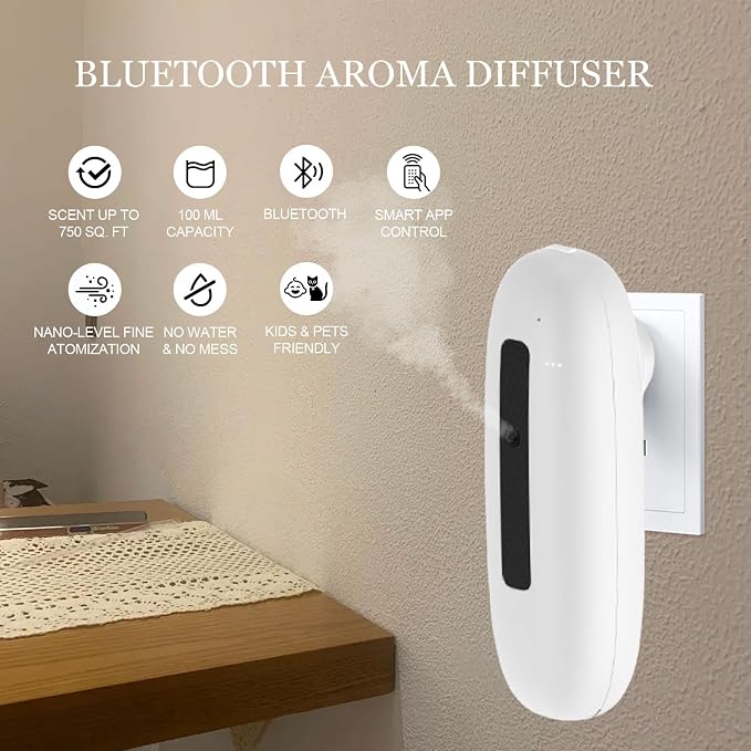 Plug in Diffuser, Bluetooth 100ml Scent Air Machine for Home, 500 Sq. Ft Aroma Essential Oil Diffuser for Small Room, Office, Spa
