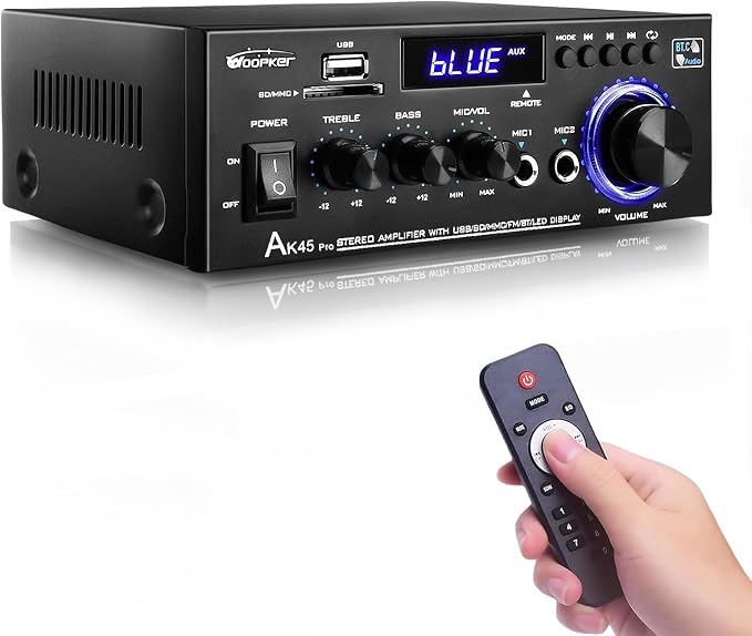 AK45 Pro Stereo Amplifier Home Audio, Stereo Receivers with Bluetooth 5.0,Max 400W, 2.0 Channel Audio Receiver for Home Theater Speakers w/USB/SD/RCA/2 MIC in for Karaok