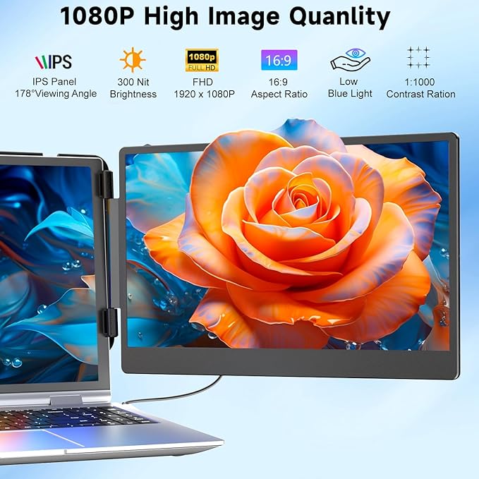 KEFEYA Laptop Screen Extender, 14" Portable Monitor for Laptops 13-17", 1080P FHD IPS Monitor Extender for Laptop with USB-C/HDMI Port, Plug n Play for Windows/Chrome/Mac/Switch/PS5