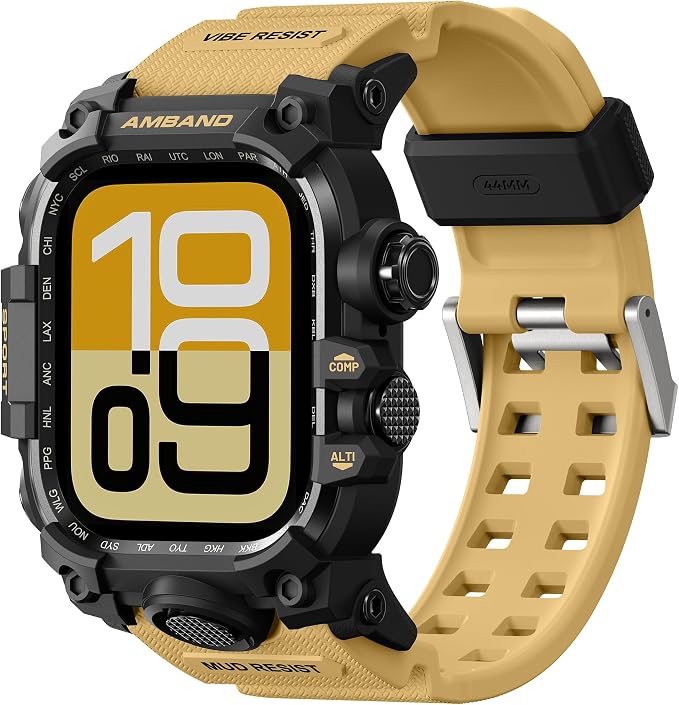 amBand Rugged Case with Band for Apple Watch 44mm, Compatible with iWatch Series SE 3/SE 2nd Generation/SE/6/5/4, Military Grade Shockproof Bumper Cover, Tactical Band for Men, Sand Beige